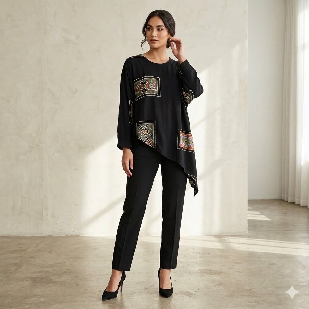 Anthony Mark Hankins Womens Large Black Geometric Asymmetrical Rayon‎ Tunic Top
